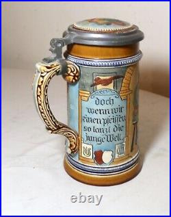 Antique hand made painted Mettlach German pottery pewter lidded beer stein #884