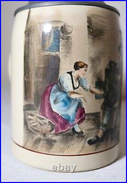 Antique hand painted Merkelbach & Wick German pottery pewter lidded beer stein