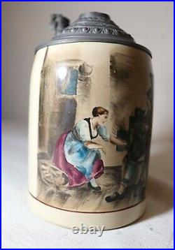 Antique hand painted Merkelbach & Wick German pottery pewter lidded beer stein