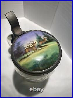 Antique hand painted Stag porcelain glass pewter German lidded beer stein 0.3L