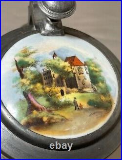 Antique hand painted porcelain glass pewter German lidded beer stein mug