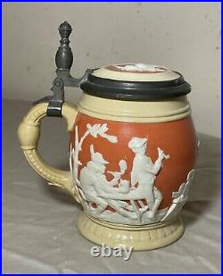 Antique handmade German Mettlach painted pottery pewter lidded beer stein mug