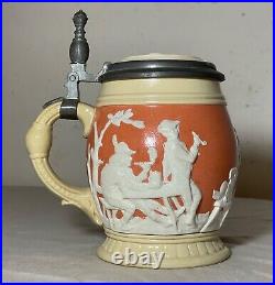 Antique handmade German Mettlach painted pottery pewter lidded beer stein mug