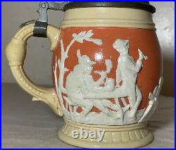 Antique handmade German Mettlach painted pottery pewter lidded beer stein mug