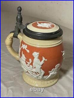 Antique handmade German Mettlach painted pottery pewter lidded beer stein mug