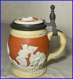 Antique handmade German Mettlach painted pottery pewter lidded beer stein mug