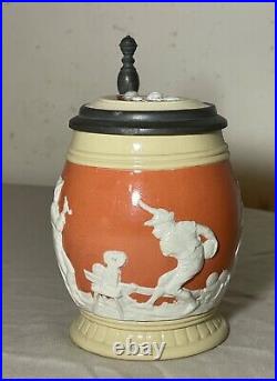 Antique handmade German Mettlach painted pottery pewter lidded beer stein mug