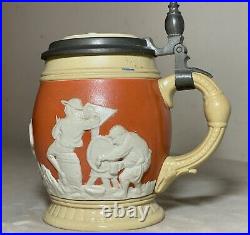 Antique handmade German Mettlach painted pottery pewter lidded beer stein mug