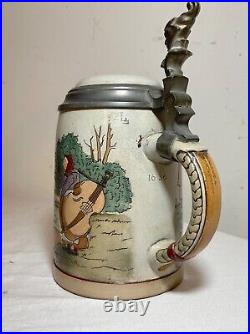Antique handmade German Mettlach painted pottery pewter lidded beer stein mug