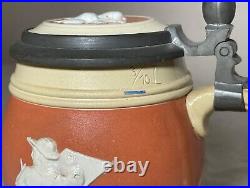 Antique handmade German Mettlach painted pottery pewter lidded beer stein mug