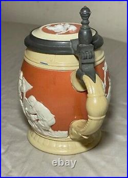 Antique handmade German Mettlach painted pottery pewter lidded beer stein mug