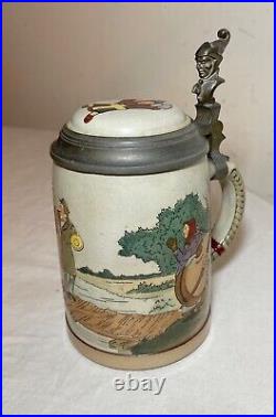 Antique handmade German Mettlach painted pottery pewter lidded beer stein mug