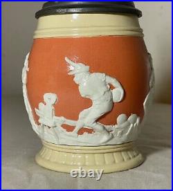 Antique handmade German Mettlach painted pottery pewter lidded beer stein mug