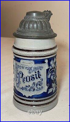 Antique handmade Westerwald German Prosit pottery pewter lidded beer stein mug