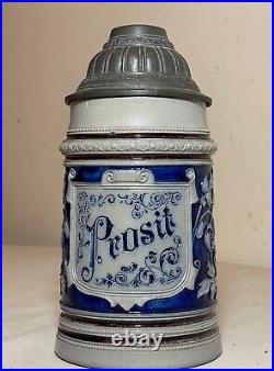 Antique handmade Westerwald German Prosit pottery pewter lidded beer stein mug