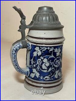 Antique handmade Westerwald German Prosit pottery pewter lidded beer stein mug