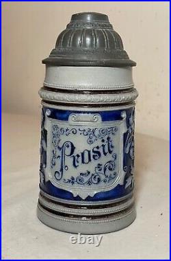 Antique handmade Westerwald German Prosit pottery pewter lidded beer stein mug