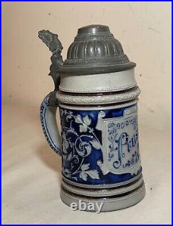 Antique handmade Westerwald German Prosit pottery pewter lidded beer stein mug