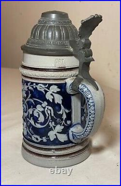 Antique handmade Westerwald German Prosit pottery pewter lidded beer stein mug