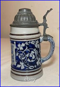 Antique handmade Westerwald German Prosit pottery pewter lidded beer stein mug