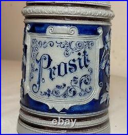 Antique handmade Westerwald German Prosit pottery pewter lidded beer stein mug