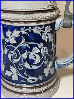 Antique handmade Westerwald German Prosit pottery pewter lidded beer stein mug