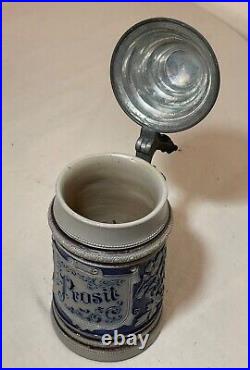 Antique handmade Westerwald German Prosit pottery pewter lidded beer stein mug