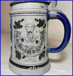 Antique handmade Westerwald German pottery pewter lidded beer stein mug tankard
