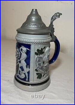 Antique handmade Westerwald German pottery pewter lidded beer stein mug tankard