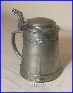 Antique ornate 1800's Arts & Crafts engraved pewter German lidded beer stein mug