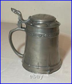 Antique ornate 1800's Arts & Crafts engraved pewter German lidded beer stein mug