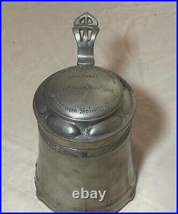 Antique ornate 1800's Arts & Crafts engraved pewter German lidded beer stein mug