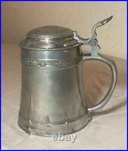 Antique ornate 1800's Arts & Crafts engraved pewter German lidded beer stein mug