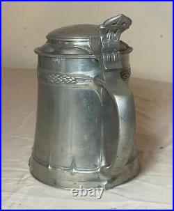 Antique ornate 1800's Arts & Crafts engraved pewter German lidded beer stein mug