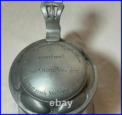 Antique ornate 1800's Arts & Crafts engraved pewter German lidded beer stein mug