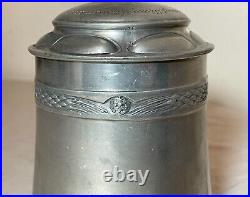 Antique ornate 1800's Arts & Crafts engraved pewter German lidded beer stein mug