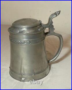 Antique ornate 1800's Arts & Crafts engraved pewter German lidded beer stein mug