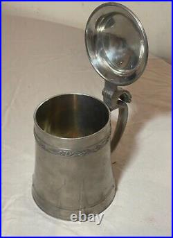 Antique ornate 1800's Arts & Crafts engraved pewter German lidded beer stein mug