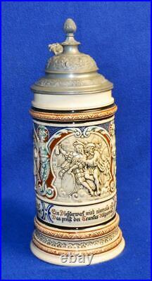 Atq German Stoneware Scenic Figures Relief 10h 1L Beer Stein w Pewter Lid #389
