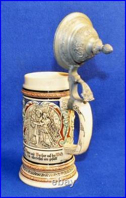 Atq German Stoneware Scenic Figures Relief 10h 1L Beer Stein w Pewter Lid #389