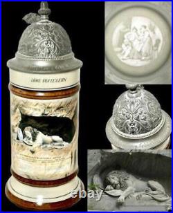 Atq Lion of Lucerne Luzern German Regimental Pewter Lithophane Lidded Beer Stein