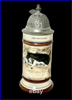 Atq Lion of Lucerne Luzern German Regimental Pewter Lithophane Lidded Beer Stein