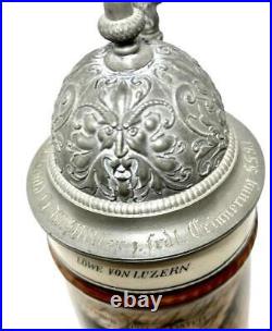 Atq Lion of Lucerne Luzern German Regimental Pewter Lithophane Lidded Beer Stein