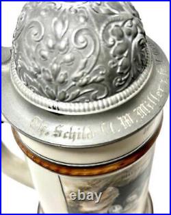 Atq Lion of Lucerne Luzern German Regimental Pewter Lithophane Lidded Beer Stein