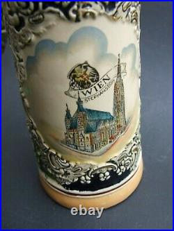 Austrian Tall German Beer Stein Vienna Stephen's Cathedral 1Litre Pewter Lid 30