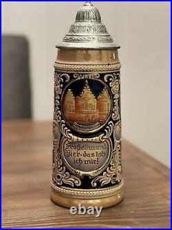 Authentic German Gerz Beer Stein Pewter Lid, Hand Painted, 11 Inches Tall