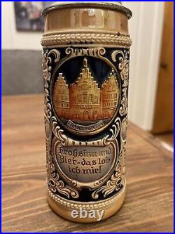 Authentic German Gerz Beer Stein Pewter Lid, Hand Painted, 11 Inches Tall