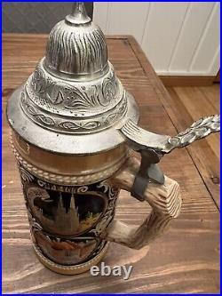 Authentic German Gerz Beer Stein Pewter Lid, Hand Painted, 11 Inches Tall