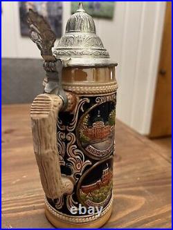 Authentic German Gerz Beer Stein Pewter Lid, Hand Painted, 11 Inches Tall