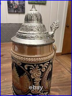 Authentic German Gerz Beer Stein Pewter Lid, Hand Painted, 11 Inches Tall